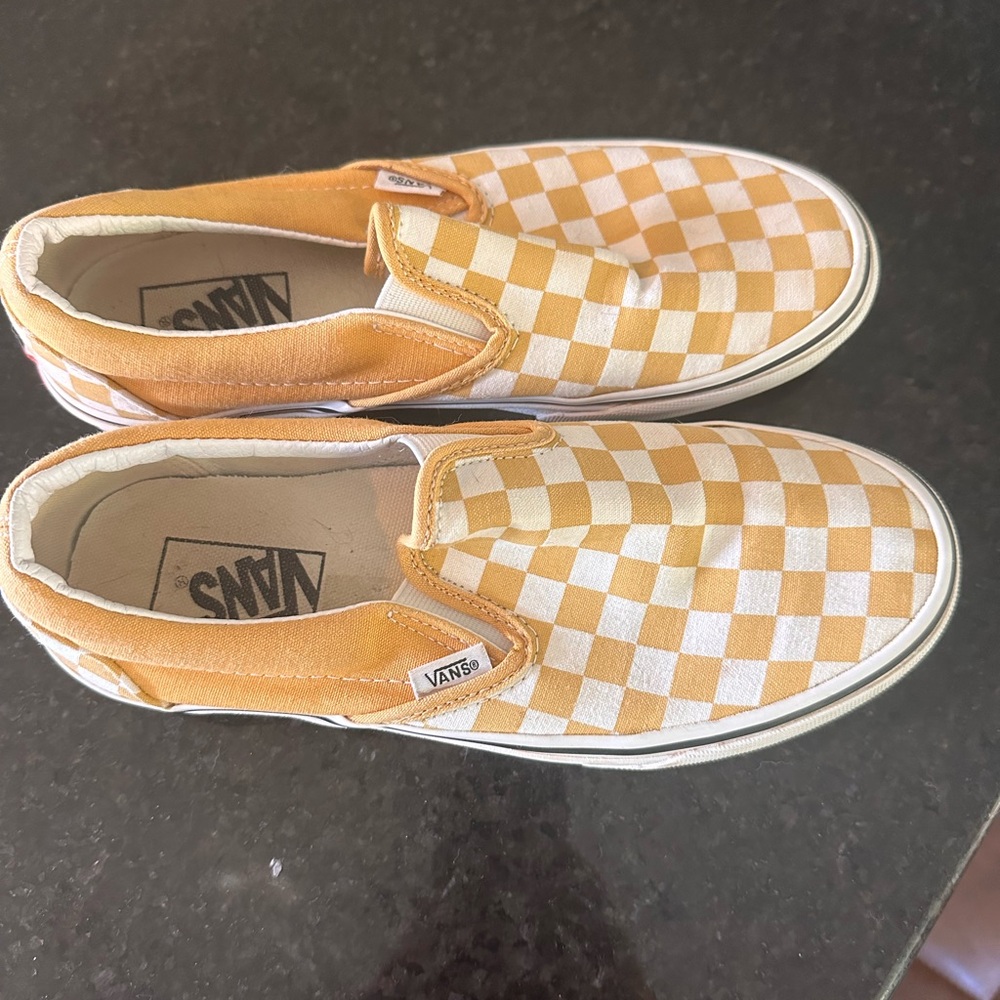 Vans Mustard and White Checkerboard Slip-Ons